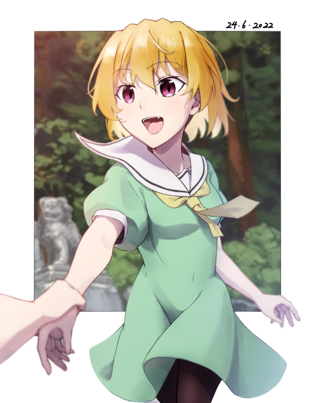 1girl 2022 :d bangs black_pantyhose blonde_hair blurry blurry_background blurry_foreground dated dconan_owo dress green_dress hair_between_eyes highres higurashi_no_naku_koro_ni holding_another's_wrist houjou_satoko neckerchief open_mouth pantyhose red_eyes sailor_collar sailor_collar_lift sailor_dress shiny shiny_hair short_dress short_hair short_sleeves smile solo_focus straight_hair walking white_sailor_collar yellow_neckerchief