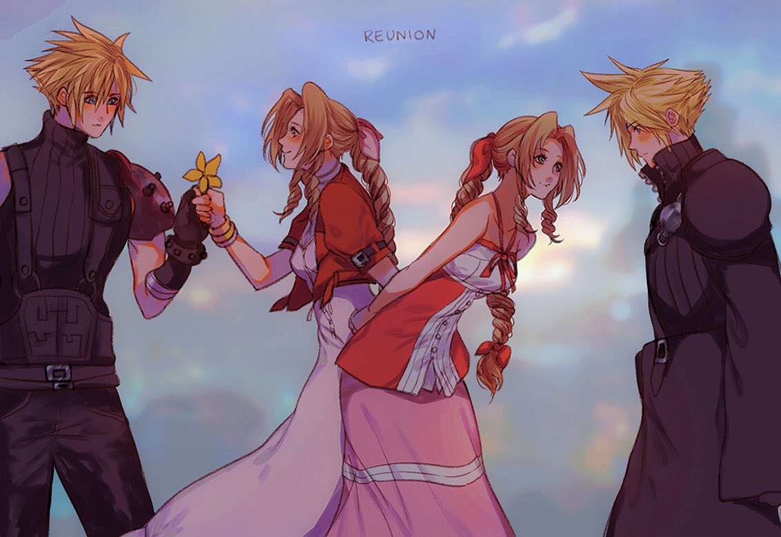 2boys 2girls aerith_gainsborough alternate_universe aqua_eyes armor arms_behind_back bandaged_arm bandages bangle bangs bare_arms belt blonde_hair blue_shirt blush bracelet braid braided_ponytail breasts brown_hair buttons choker cloud_strife clouds cloudy_sky cropped_jacket dress dual_persona final_fantasy final_fantasy_vii final_fantasy_vii_advent_children final_fantasy_vii_remake flower gloves green_eyes grey_shirt hair_between_eyes hair_ribbon halter_dress halterneck high_collar holding holding_flower jacket jewelry kingdom_hearts kingdom_hearts_ii leaning_forward long_dress long_hair looking_at_another medium_breasts multicolored_clothes multicolored_dress multiple_belts multiple_boys multiple_girls official_alternate_costume open_collar pants parted_bangs pink_dress pink_ribbon red_jacket red_ribbon ribbon sera_(serappi) shirt short_hair short_sleeves shoulder_armor sidelocks sky sleeveless sleeveless_shirt sleeveless_turtleneck smile spiky_hair suspenders turtleneck waist_cape yellow_flower