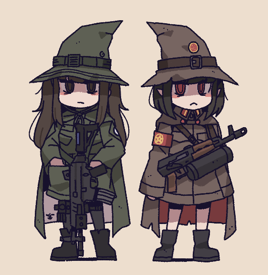 2girls assault_rifle bangs belt black_footwear blunt_bangs boots breast_pocket brown_belt brown_cape brown_headwear brown_jacket buttons cape character_request chibi cigarette closed_mouth commentary_request contemporary copyright_request daewoo_k2 full_body gloves green_belt green_cape green_headwear green_jacket green_shirt gun hands_in_pockets hat hat_belt jacket kalashnikov_rifle kare kneehighs korean_commentary long_hair long_sleeves looking_at_viewer messy_hair military military_jacket military_uniform mouth_hold multiple_girls original pantyhose pentagram pocket pointy_ears red_armband red_cape red_eyes republic_of_korea_army rifle ringed_eyes shirt short_hair sidelocks simple_background sling socks soldier standing twintails two-tone_cape type_88_(assault_rifle) uniform weapon white_background witch witch_hat