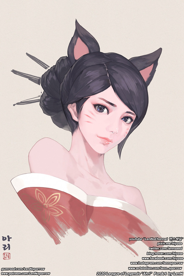 1girl ahri_(league_of_legends) animal_ears artist_name bangs black_eyes black_hair brown_background character_name closed_mouth fox_ears fox_girl hair_bun japanese_clothes kimono league_of_legends lenn_sparrow lips looking_at_viewer off_shoulder red_kimono simple_background single_hair_bun smile upper_body