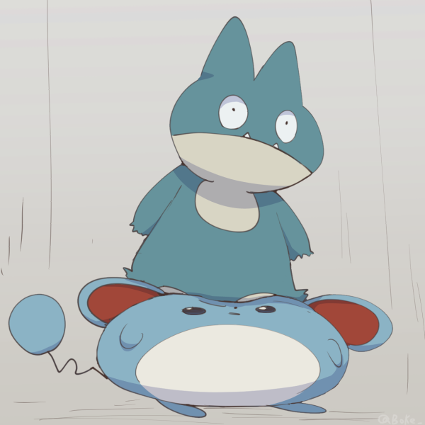 animal_focus arms_at_sides black_eyes boke-chan closed_mouth commentary_request fangs fangs_out full_body grey_background marill munchlax no_humans on_head pokemon pokemon_(creature) pokemon_on_head simple_background sketch squishing standing