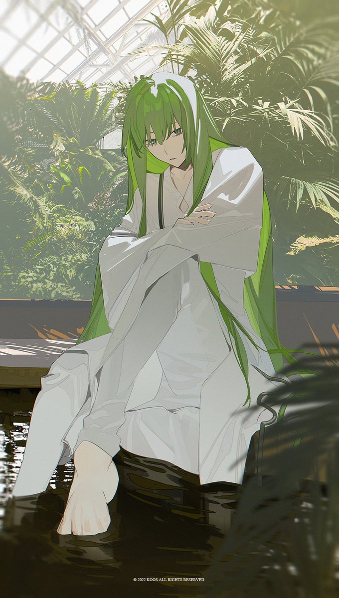 1other androgynous bangs barefoot closed_mouth enkidu_(fate) expressionless fate/extra fate/extra_ccc fate/grand_order fate/strange_fake fate/zero fate_(series) green_eyes green_hair highres k00s light_green_hair long_hair long_sleeves looking_at_viewer no_shoes pants robe sitting solo toga very_long_hair white_pants white_robe