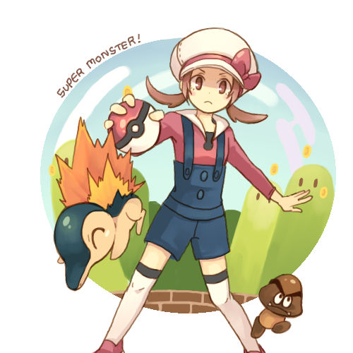 1girl blue_overalls bow brown_eyes brown_hair cabbie_hat closed_mouth commentary_request crossover cyndaquil frown goomba hat hat_bow holding holding_poke_ball legs_apart long_hair lowres lyra_(pokemon) overalls poke_ball poke_ball_(basic) pokemon pokemon_(creature) pokemon_(game) pokemon_hgss red_bow shoes ssalbulre super_mario_bros. thigh-highs twintails white_headwear