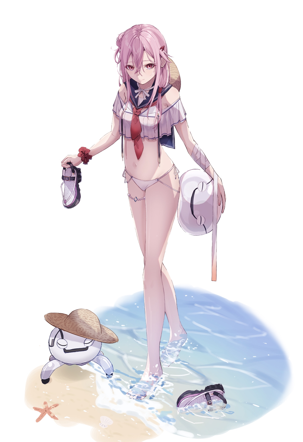 1girl artist_request bare_shoulders beach cat's_cradle fyu-neru guilty_crown hair_ornament hairclip hat highres looking_at_viewer partially_submerged pink_hair red_eyes shoes shoes_removed smile soaking_feet solo straw_hat twintails water yuzuriha_inori