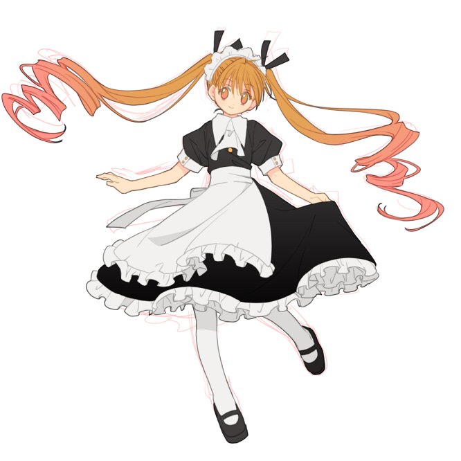 16_ban 1girl alternate_costume apron ascot biscuit_krueger black_dress dress drill_hair enmaided floating_hair frilled_dress frills full_body hair_ribbon hunter_x_hunter long_hair looking_at_viewer maid maid_apron maid_headdress multicolored_hair outstretched_arms pantyhose pink_hair puffy_short_sleeves puffy_sleeves red_eyes ribbon short_sleeves simple_background skirt_hold smile solo standing standing_on_one_leg twin_drills twintails two-tone_hair very_long_hair waist_apron white_apron white_ascot white_background white_pantyhose