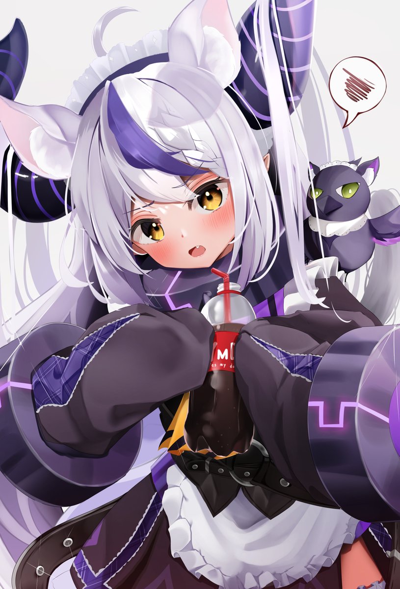 1girl ahoge animal_ear_fluff animal_ears animal_on_shoulder apron ascot bangs belt bird bird_on_shoulder black_belt black_dress black_horns bottle braid collar crow_(la+_darknesss) demon_girl demon_horns dress drinking_straw extra_ears fang frilled_apron frilled_sleeves frills grey_hair hair_ornament hands_up head_tilt highres holding holding_bottle hololive horns kamimori_kuuraku la+_darknesss long_hair long_sleeves looking_at_viewer maid maid_apron maid_headdress metal_collar multicolored_hair open_mouth pointy_ears puffy_long_sleeves puffy_sleeves purple_hair purple_horns sidelocks sleeves_past_fingers sleeves_past_wrists solo standing streaked_hair striped_horns two-tone_hair very_long_hair virtual_youtuber white_apron wide_sleeves yellow_ascot yellow_eyes