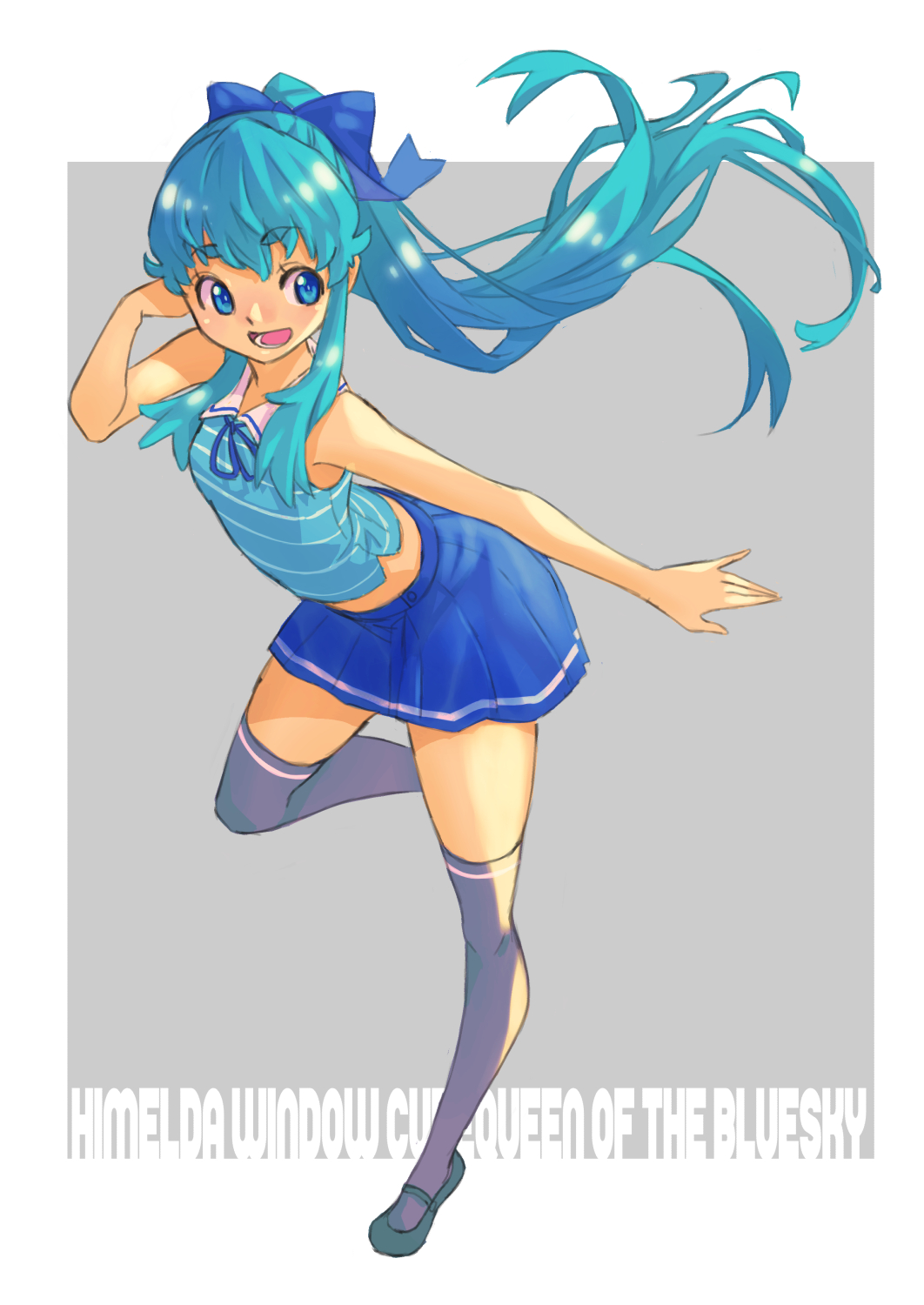 1girl bangs bare_arms blue_bow blue_eyes blue_hair blue_ribbon blue_shirt blue_skirt bow character_name floating_hair full_body grey_background grey_thighhighs hair_bow hand_in_own_hair happinesscharge_precure! highres jj_(ssspulse) leg_up long_hair midriff miniskirt neck_ribbon open_mouth pleated_skirt ponytail precure ribbon shirayuki_hime shirt skirt sleeveless sleeveless_shirt solo striped striped_shirt thigh-highs very_long_hair zettai_ryouiki