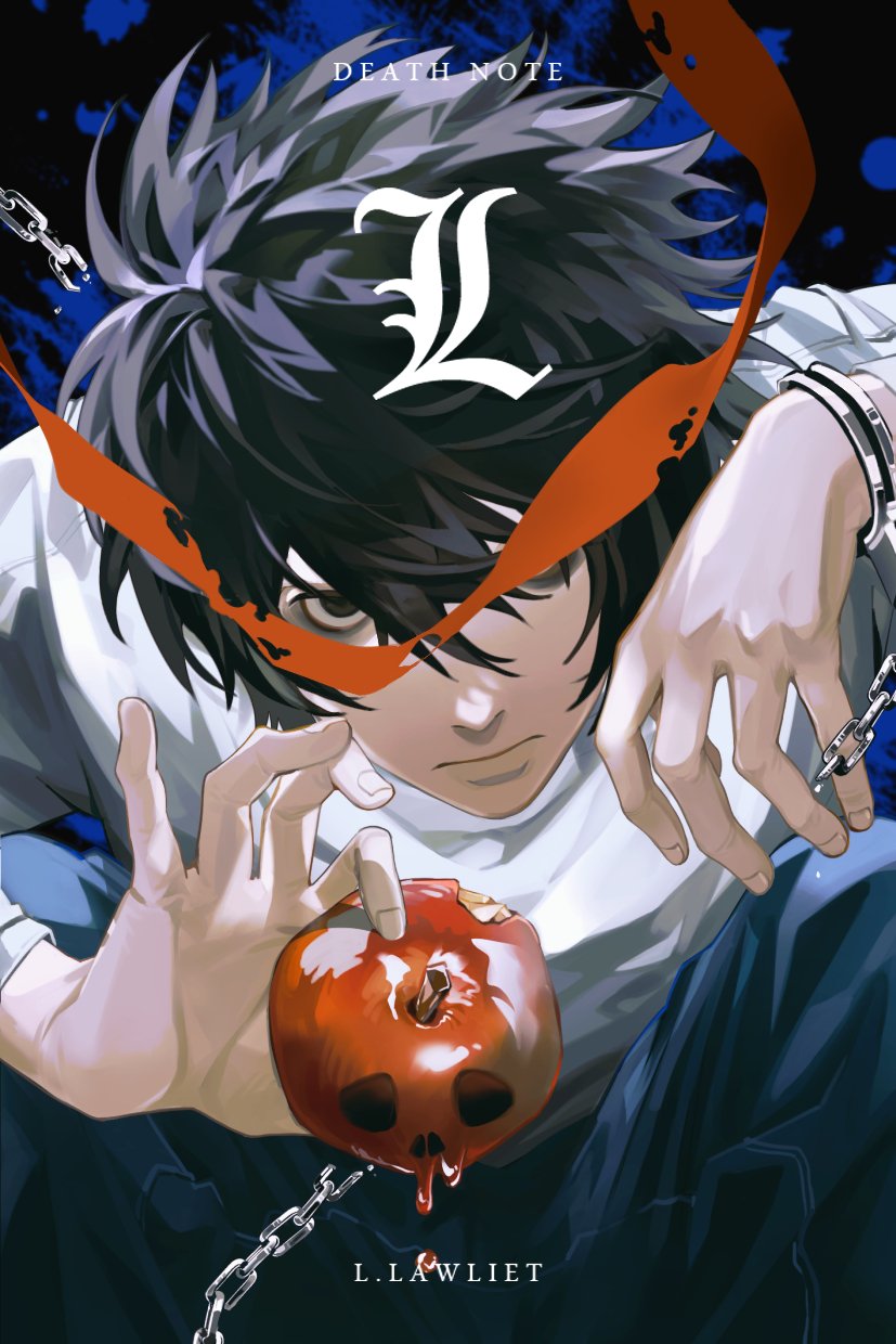 1boy apple black_eyes black_hair blue_pants chain character_name copyright_name death_note food fruit highres holding holding_food holding_fruit idylliclum l_(death_note) looking_at_viewer male_focus messy_hair pants shirt solo white_shirt