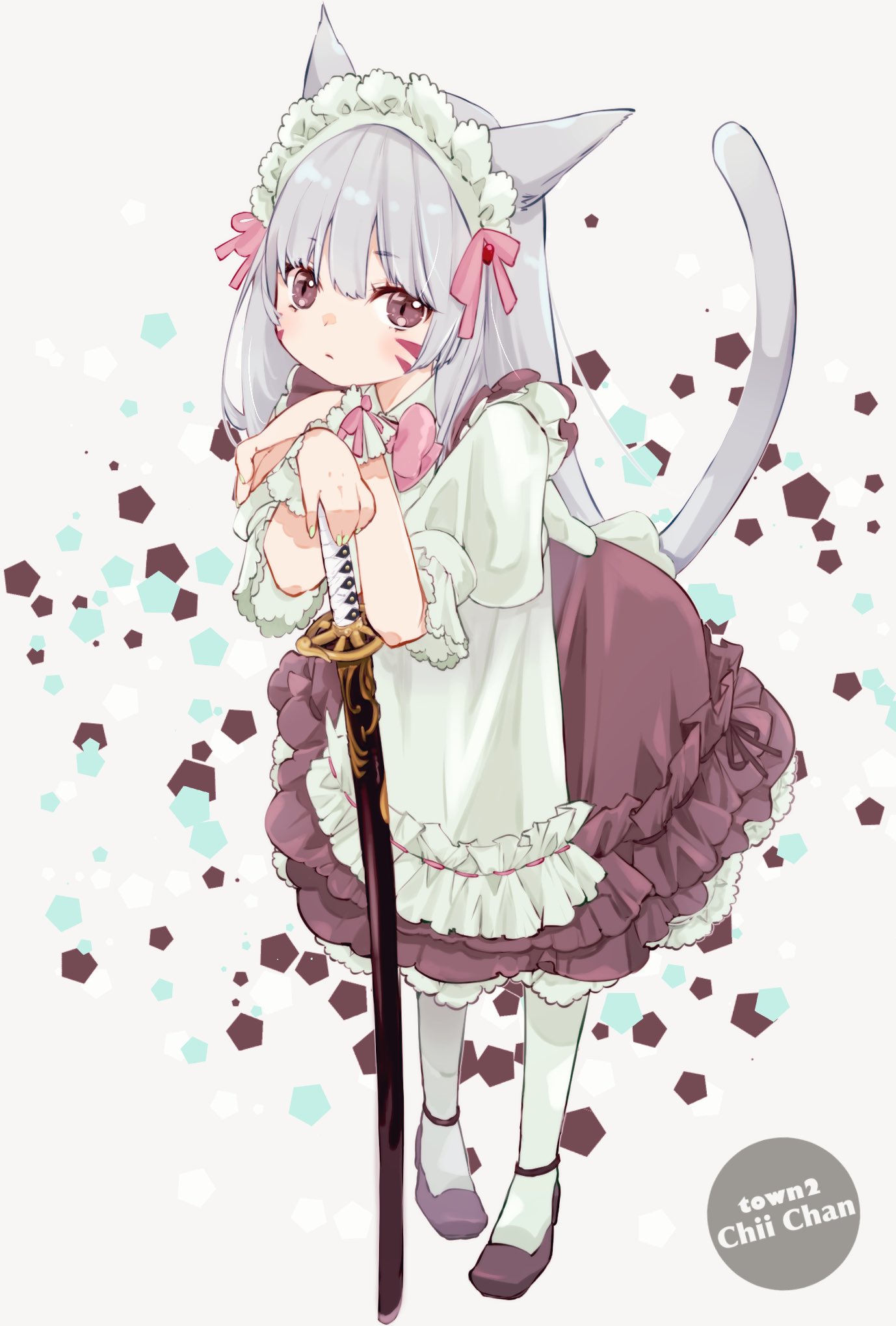 1girl animal_ears apron avatar_(ff14) brown_eyes brown_skirt cat_ears cat_girl cat_tail chii_(pixiv20756878) expressionless final_fantasy final_fantasy_xiv frilled_skirt frills full_body grey_hair highres katana long_hair looking_at_viewer maid_headdress miqo'te puffy_short_sleeves puffy_sleeves scabbard sheath sheathed shirt short_sleeves skirt sword tail weapon white_shirt wrist_cuffs