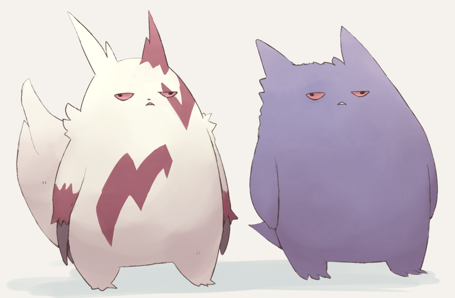 animal_ears animal_hands arms_at_sides black_eyes body_fur boke-chan claws colored_sclera commentary fat full_body furry gengar grey_background open_mouth parted_lips pokemon pokemon_(creature) red_fur red_sclera simple_background standing tail two-tone_fur wall-eyed white_fur zangoose
