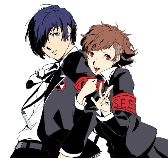 1boy 1girl auburn_hair blue_hair persona_3 persona_3_portable red_eyes shiomi_kotone yuuki_makoto