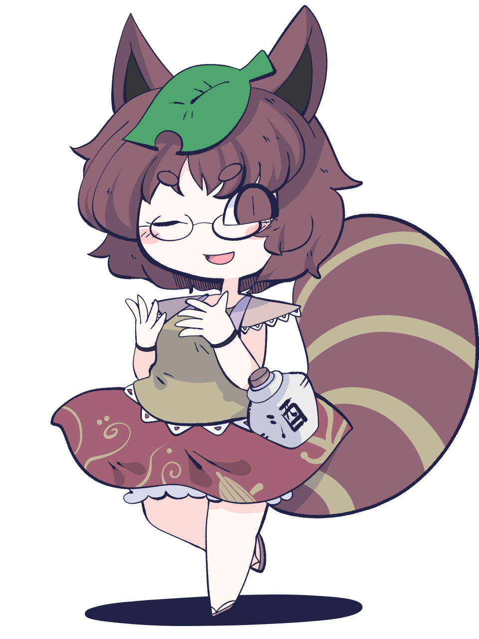 1girl animal_ears blush_stickers brown_eyes brown_hair brown_shirt brown_skirt chibi fried_rice0614 full_body futatsuiwa_mamizou highres leaf leaf_on_head one-hour_drawing_challenge one_eye_closed open_mouth raccoon_ears raccoon_tail shirt short_hair simple_background skirt smile solo standing standing_on_one_leg tail touhou white_background