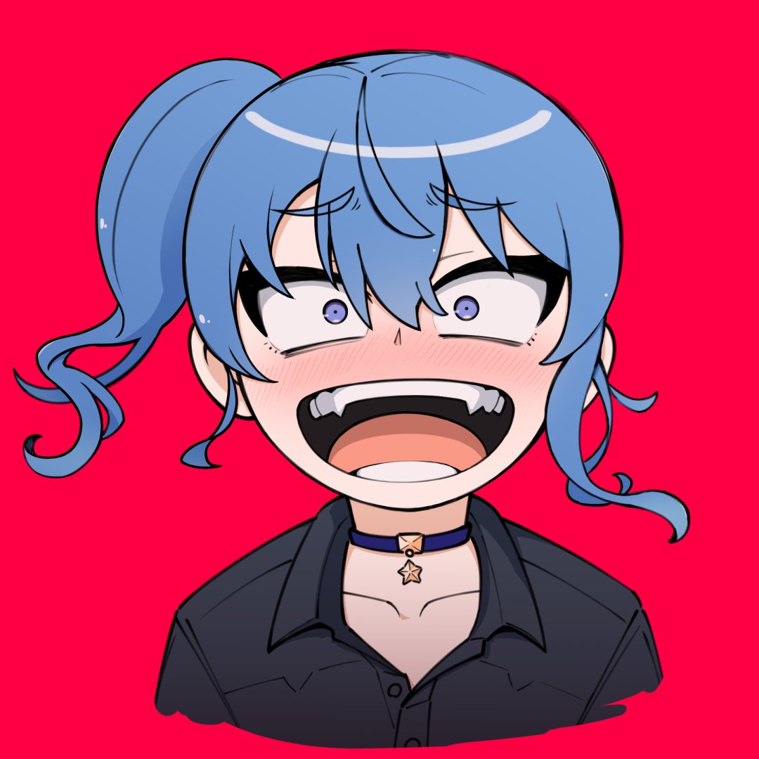 1girl :d bangs black_shirt blue_choker blue_eyes blue_hair blush choker collarbone commentary_request cropped_shoulders dress_shirt fangs hair_between_eyes hololive hoshimachi_suisei laughing looking_at_viewer medium_hair open_mouth red_background sanpaku shirt simple_background smile solo star_(symbol) star_choker straight-on toripuru_(tripl3) virtual_youtuber wing_collar yandere