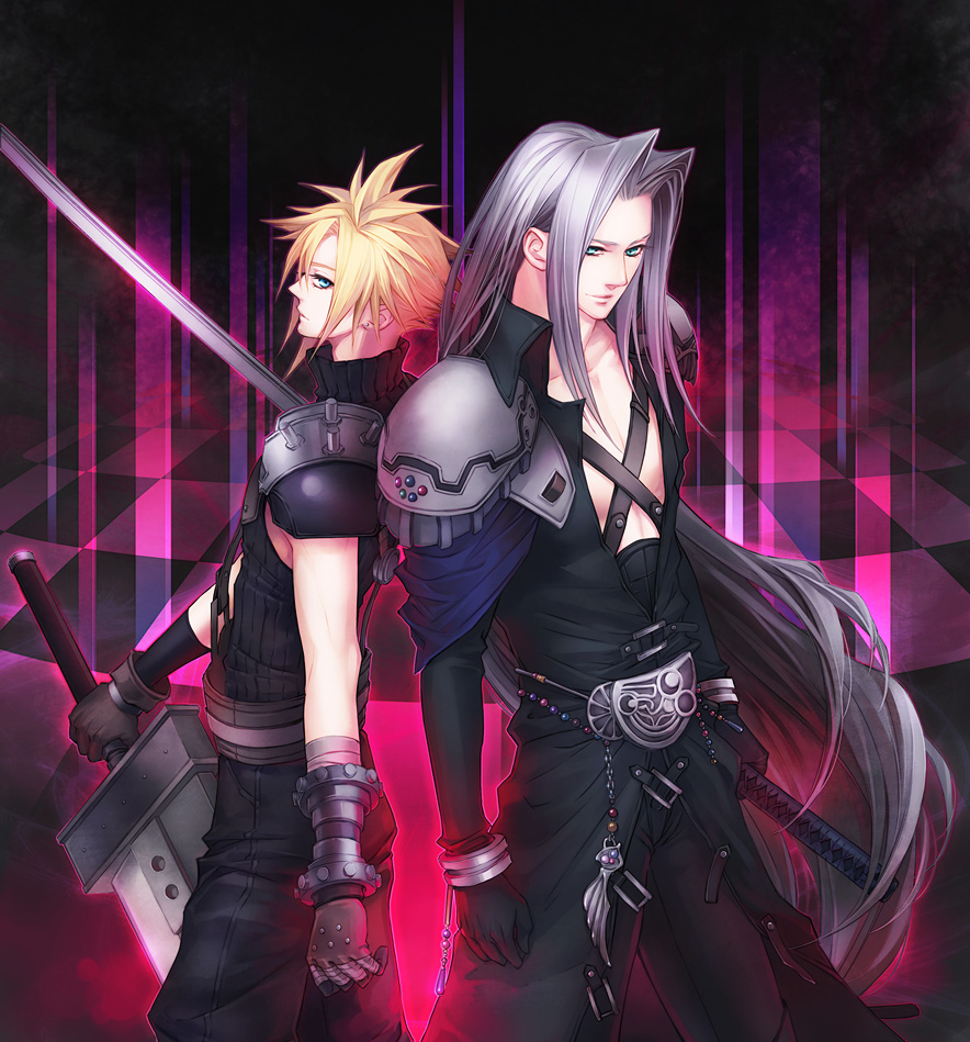 2boys aqua_eyes armor back-to-back bandaged_arm bandages bangs belt black_jacket black_pants blonde_hair blue_pants blue_shirt buster_sword checkered_floor chest_strap cloud_strife cowboy_shot dissidia_final_fantasy final_fantasy final_fantasy_vii gloves grey_hair hair_between_eyes high_collar holding holding_sword holding_weapon jacket long_bangs long_hair long_jacket looking_at_viewer masamune_(ff7) multiple_boys open_collar pants parted_bangs pov sephiroth shirt short_hair shoulder_armor sleeveless sleeveless_turtleneck spiky_hair suspenders sword turtleneck weapon yui_(nightflight)