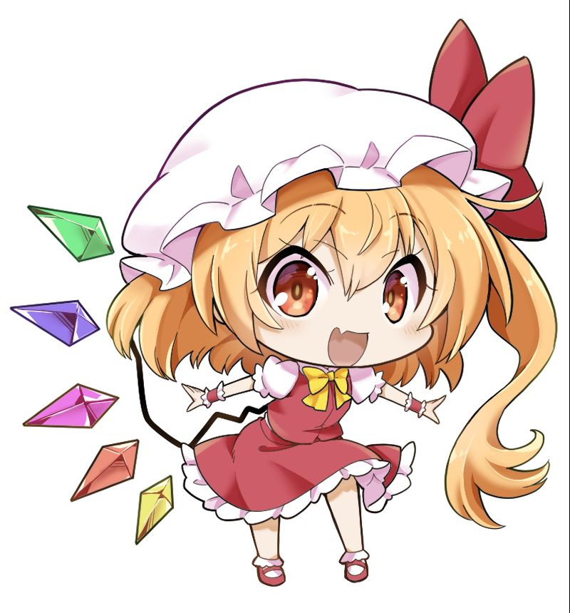1girl alternate_eye_color alternate_hair_color arms_up bangs blush bow bowtie brown_eyes chibi collared_shirt crystal eyes_visible_through_hair fang flandre_scarlet full_body futa_(nabezoko) hair_between_eyes hands_up hat hat_bow jewelry looking_at_viewer mob_cap multicolored_wings open_mouth orange_hair ponytail puffy_short_sleeves puffy_sleeves red_bow red_footwear red_skirt red_vest shirt shoes short_hair short_sleeves side_ponytail simple_background skirt smile socks solo standing touhou vest white_background white_headwear white_shirt white_socks wings wrist_cuffs yellow_bow yellow_bowtie