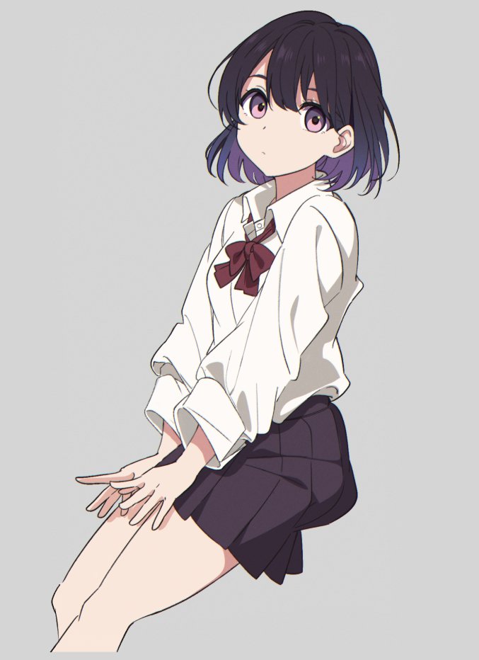 1girl bow bowtie breasts closed_mouth collared_shirt colored_inner_hair dress_shirt feet_out_of_frame from_side hair_between_eyes hands_on_own_thighs invisible_chair kazenoko long_sleeves looking_at_viewer loose_clothes loose_shirt medium_breasts medium_hair miniskirt multicolored_hair original pleated_skirt purple_hair red_bow red_bowtie shirt shirt_tucked_in shoes simple_background sitting skirt sneakers socks violet_eyes white_shirt wing_collar