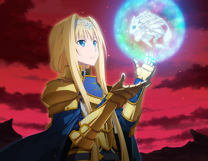 1girl alice_zuberg amayori_(sao) armor blonde_hair blue_cape blue_eyes breastplate cape closed_mouth clouds game_cg gauntlets hair_intakes hairband long_hair low_ponytail pauldrons red_sky shoulder_armor sidelocks sky solo spoilers sword_art_online upper_body very_long_hair white_hairband