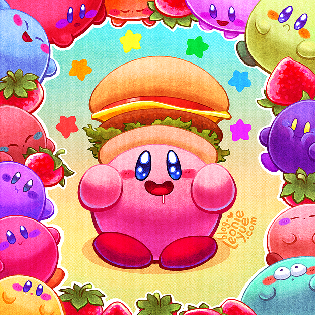 1boy blue_eyes blush burger cheese closed_eyes closed_mouth colorful commentary food frown fruit gradient gradient_background kirby kirby's_dream_buffet kirby's_dream_land kirby_(series) leonieyue open_mouth saliva smile sparkling_eyes star_(symbol) strawberry tomato tomato_slice web_address