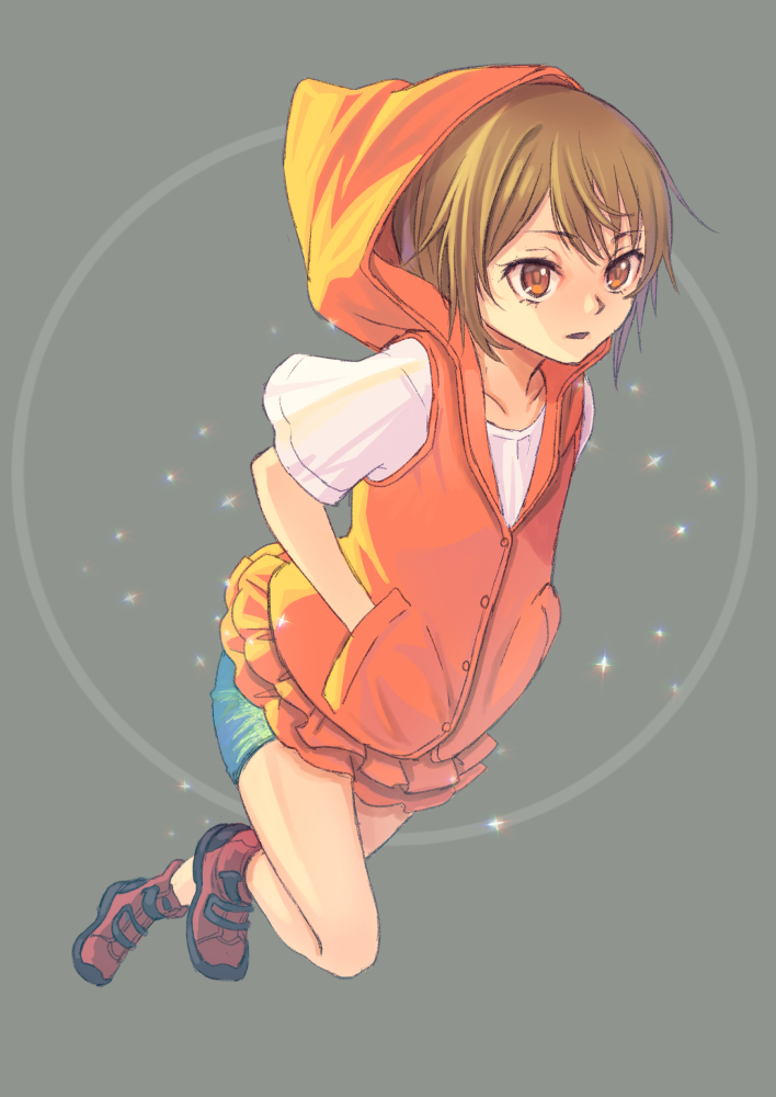 1girl bare_legs blue_shorts brown_hair cardigan collarbone full_body grey_background hand_in_pocket hood hood_up hooded_cardigan jj_(ssspulse) kinuhata_saiai open_mouth orange_cardigan orange_eyes red_footwear shirt shoes short_hair short_shorts shorts sneakers solo straight_hair t-shirt toaru_kagaku_no_railgun toaru_majutsu_no_index white_shirt