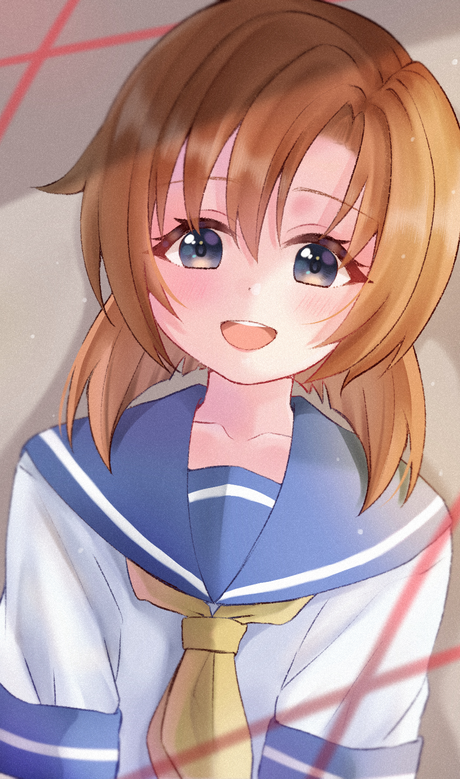 1girl :d bangs blue_eyes blue_sailor_collar blush brown_hair collarbone collared_shirt hair_between_eyes highres higurashi_no_naku_koro_ni long_hair looking_at_viewer neckerchief nekko_(nxtuko) open_mouth ryuuguu_rena sailor_collar sailor_shirt school_uniform serafuku shiny shiny_hair shirt smile solo straight_hair upper_body white_shirt yellow_neckerchief