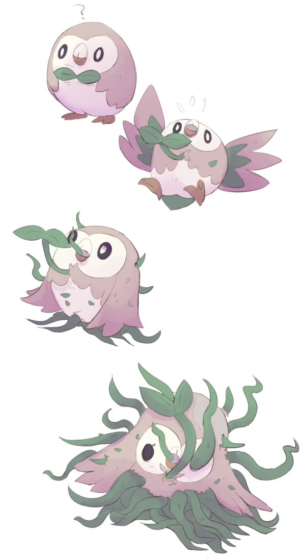 ? animal_focus bird black_eyes boke-chan closed_mouth commentary_request empty_eyes flying_sweatdrops full_body leaf multiple_views no_humans open_mouth parasite plant pokemon pokemon_(creature) rowlet sequential simple_background standing surprised vines white_background