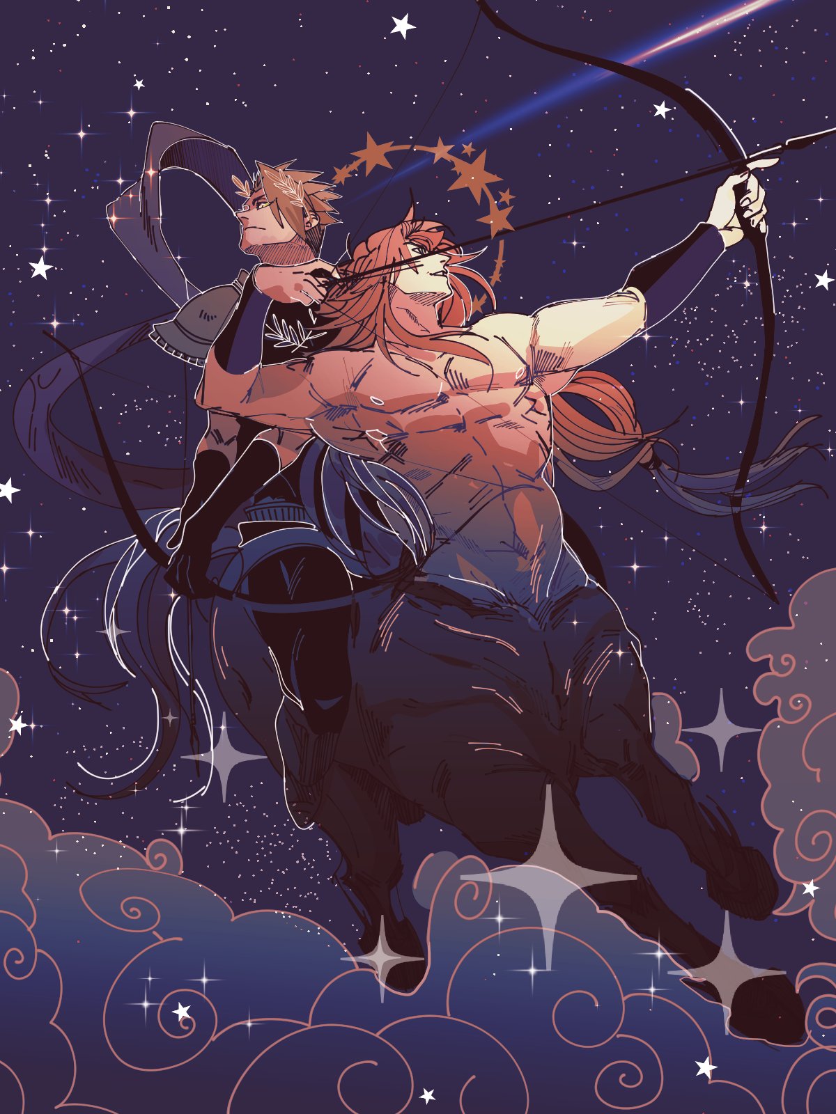 2boys achilles_(fate) arm_guards armor bow_(weapon) brown_hair centaur chiron_(fate) closed_mouth clouds drawing_bow fate/grand_order fate_(series) full_body gloves greek_mythology halo highres holding holding_bow_(weapon) holding_weapon jonya laurel_crown limited_palette long_hair looking_to_the_side low-tied_long_hair male_focus multiple_boys muscular muscular_male pants parted_lips pauldrons riding shooting_star short_hair shoulder_armor sky smile sparkle star_(sky) star_(symbol) starry_sky taur topless_male weapon yellow_eyes