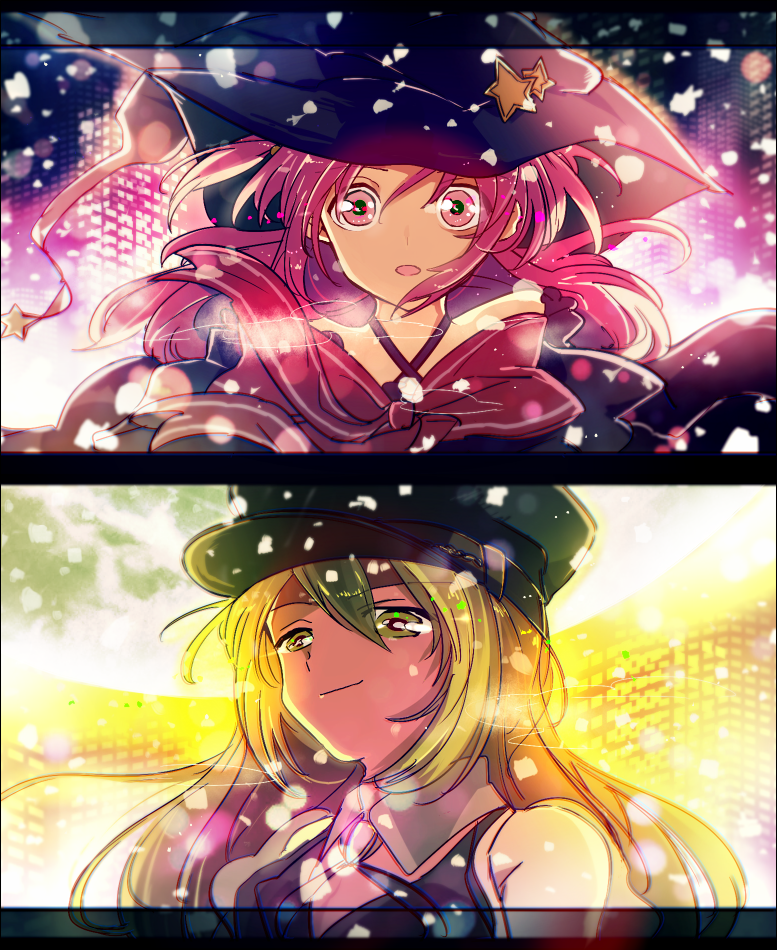 2girls alina_gray bangs black_cape black_headwear black_necktie black_shirt black_vest blunt_ends brooch cape collar cross_tie detached_collar gem green_gemstone green_hair hair_between_eyes hat jewelry lapels magia_record:_mahou_shoujo_madoka_magica_gaiden magical_girl mahou_shoujo_madoka_magica medium_hair misono_karin moccorinco multicolored_hair multiple_girls necktie notched_lapels open_mouth parted_bangs parted_hair peaked_cap pink_ribbon puffy_short_sleeves puffy_sleeves purple_hair ribbon see-through see-through_sleeves shirt short_sleeves sidelocks star_(symbol) streaked_hair surprised two_side_up v-neck vest violet_eyes white_collar white_sleeves witch_hat yellow_gemstone