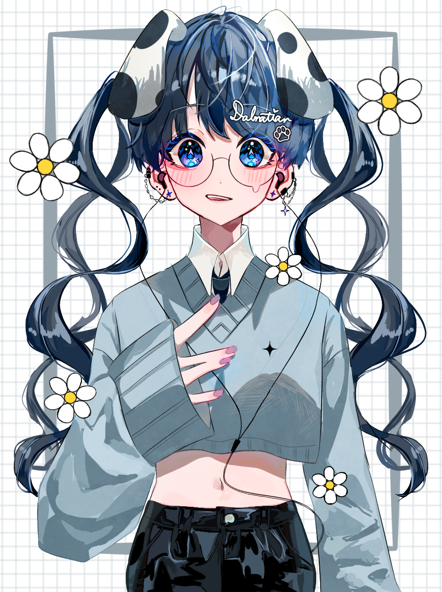 1girl ahaha_tea animal_ears bangs black_hair blue_eyes blush collared_shirt cropped_sweater dalmatian dog_ears dog_girl ear_chain earrings flower glasses hand_on_own_chest highres jewelry long_hair long_sleeves midriff multiple_earrings nail_polish navel necktie open_mouth original personification round_eyewear shirt sleeves_past_wrists smile solo twintails very_long_hair wavy_hair