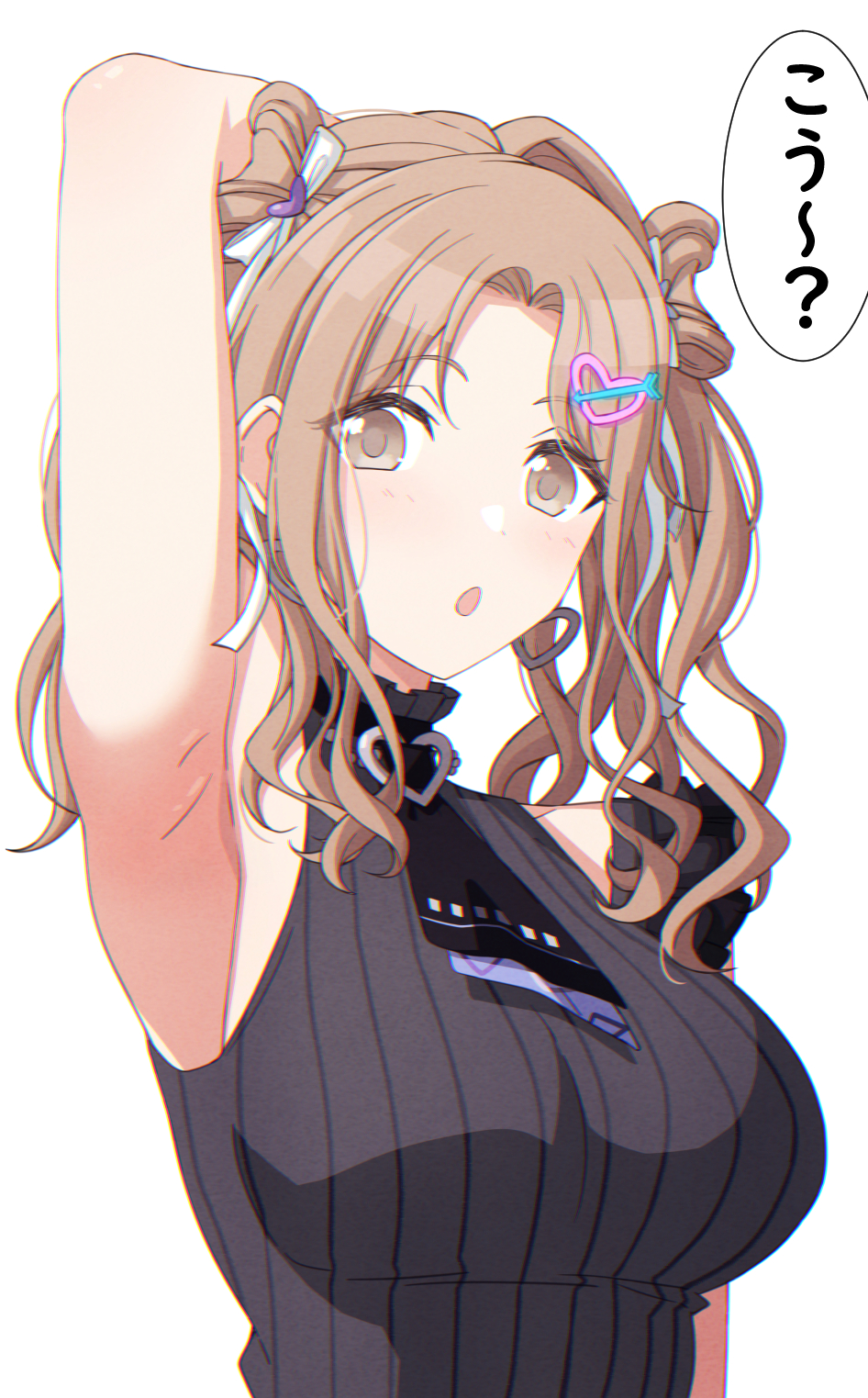 1girl arimon_(dfrgty12) arm_up armpits bare_arms brown_eyes brown_hair commentary_request hair_ornament hair_ribbon hairclip highres ichikawa_hinana idolmaster idolmaster_shiny_colors long_hair looking_at_viewer ribbon shirt sleeveless sleeveless_shirt solo translation_request two_side_up upper_body white_background