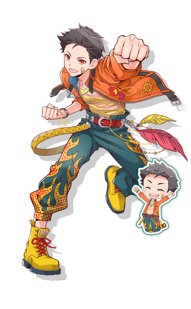 1boy bandaid bandaid_on_face belt belt_buckle boots buckle clenched_hands idolmaster idolmaster_poplinks jacket kimura_ryu looking_at_viewer male_focus official_art open_mouth orange_jacket pants print_pants shirt shoelaces solo transparent_background yellow_footwear