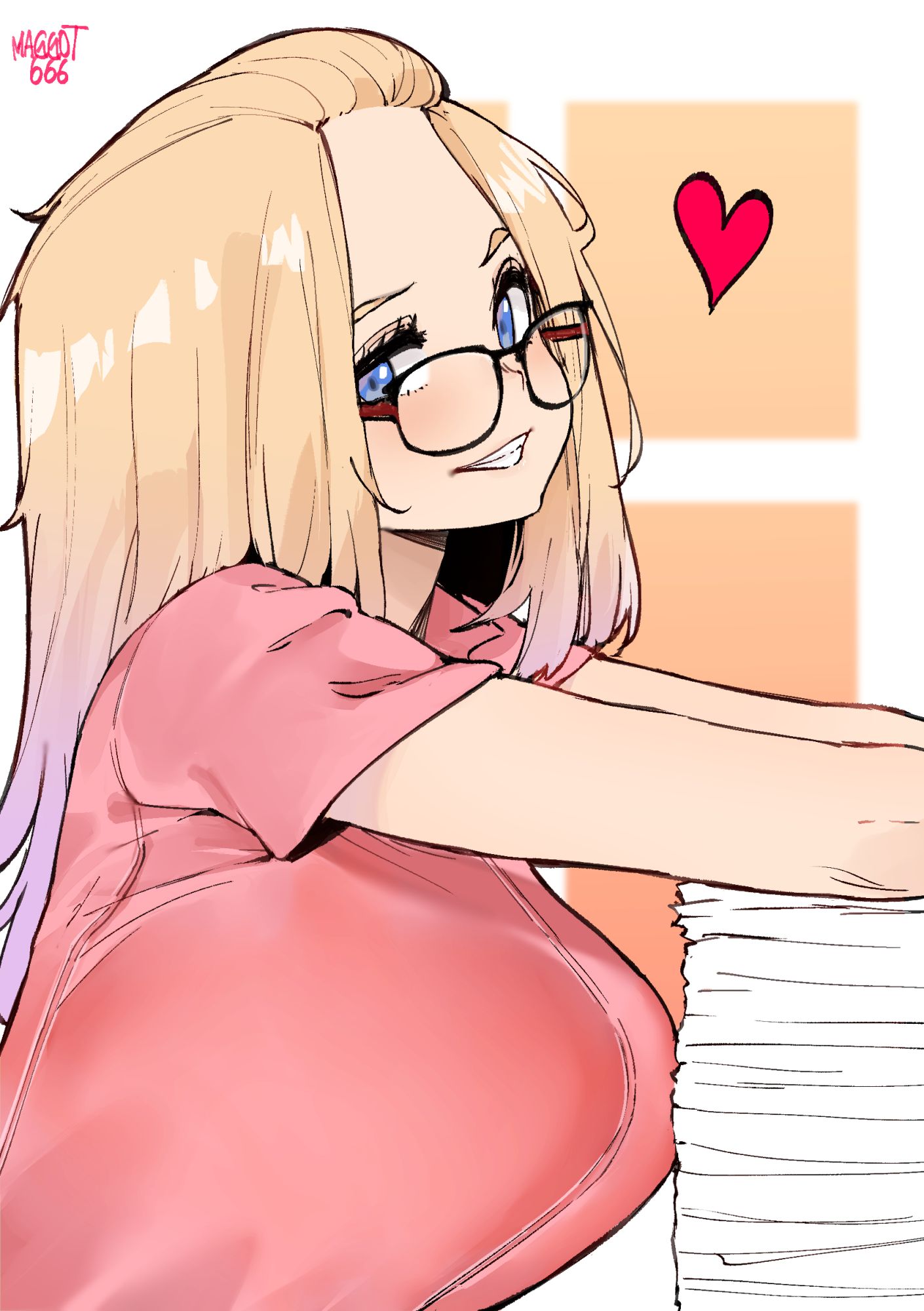 1girl artist_name blonde_hair blue_eyes breasts brown-framed_eyewear forehead from_side glasses grin heart highres inne_sulistya_robin large_breasts leaning_forward light_blush long_hair looking_at_viewer norman_maggot original paper paper_stack pink_shirt shirt short_sleeves smile solo upper_body