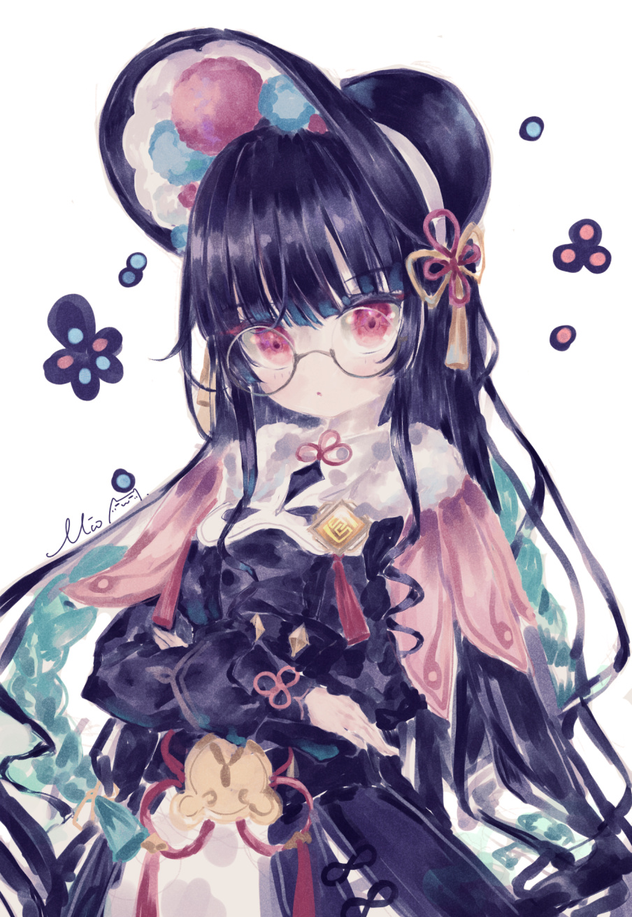 1girl bespectacled black_dress black_hair black_headwear bonnet capelet commentary_request crossed_arms dot_mouth dress genshin_impact glasses highres itogawa_mio lolita_fashion long_hair long_sleeves looking_at_viewer pink_capelet qi_lolita red_eyes round_eyewear signature simple_background solo tassel_hat_ornament upper_body white_background yun_jin_(genshin_impact)