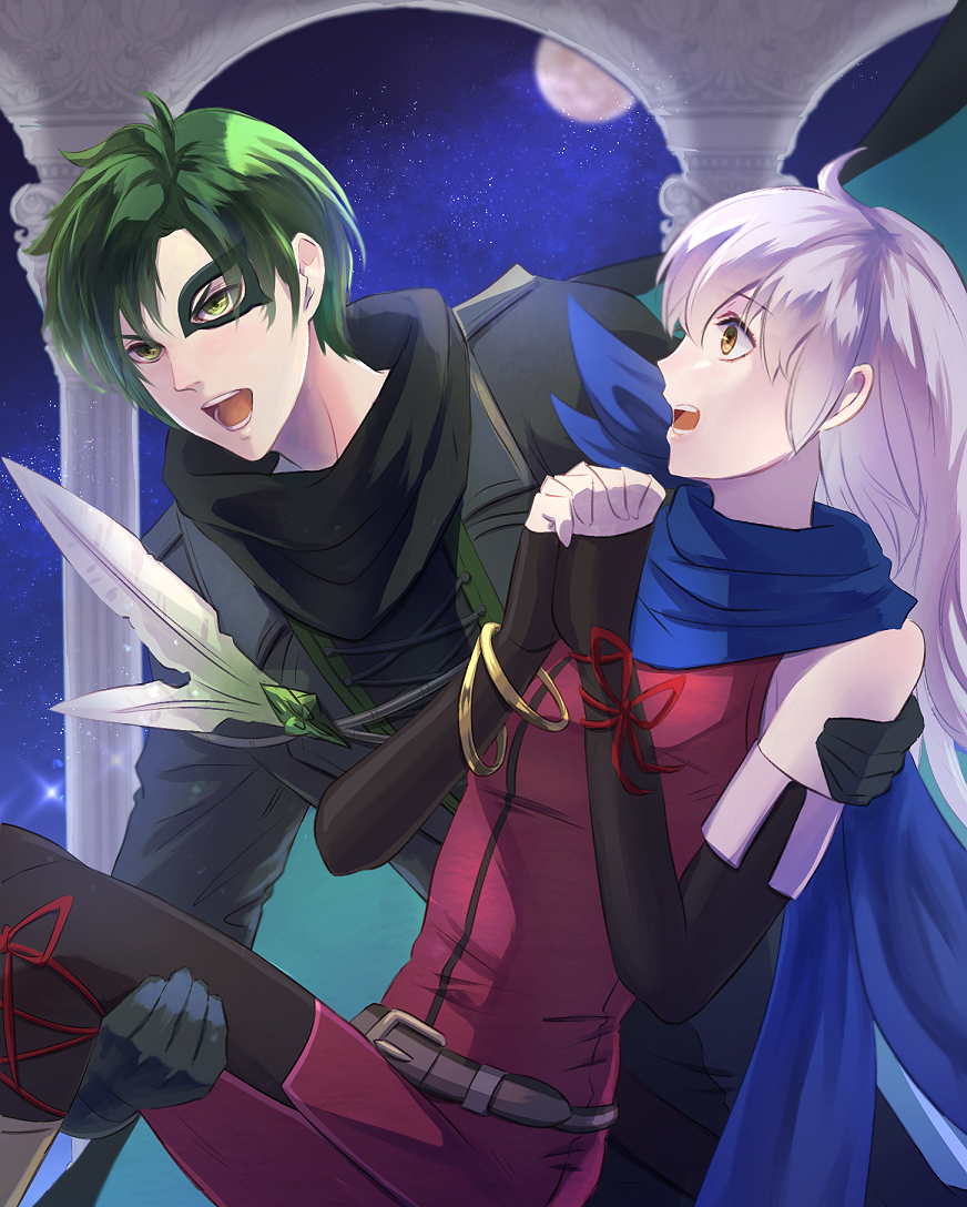 1boy 1girl :o bangs belt black_gloves black_leggings blue_scarf blush carrying carrying_person dress elbow_gloves fingerless_gloves fire_emblem fire_emblem:_radiant_dawn fire_emblem_heroes gloves green_eyes green_hair grey_hair hair_ribbon half_mask leggings long_hair mask micaiah_(fire_emblem) moon night night_sky official_alternate_costume open_mouth princess_carry ribbon riou_(pooh920) scarf side_slit sky sleeveless sleeveless_dress sothe_(fire_emblem) surprised v-shaped_eyebrows wide-eyed yellow_eyes