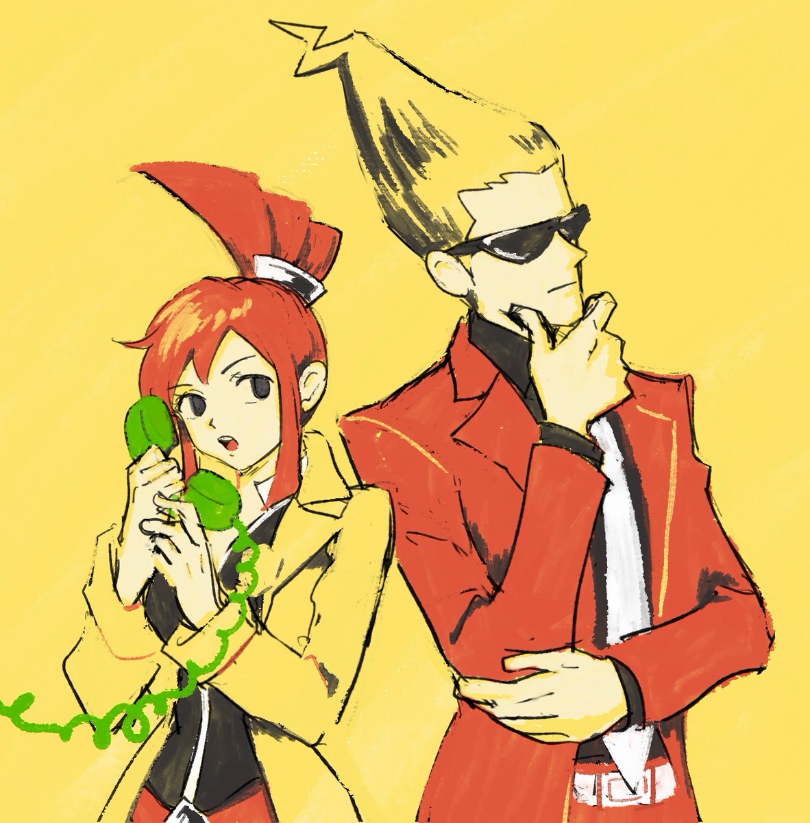 1boy 1girl black_eyes blonde_hair closed_mouth coat corded_phone ghost_trick hand_on_own_chin highres holding holding_phone impossible_hair jacket long_sleeves lynne necktie parted_lips phone red_jacket redhead renshu_usodayo shirt sidelocks simple_background sissel sunglasses teeth upper_body upper_teeth white_necktie yellow_background yellow_coat