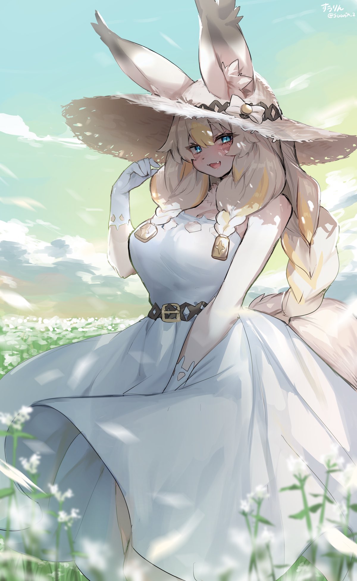 1girl :d animal_ear_fluff animal_ears bare_shoulders blue_eyes blush braid braided_ponytail breasts clouds commission dress ears_through_headwear fang flower furry furry_female gloves hair_between_eyes hat highres long_dress long_hair looking_at_viewer open_mouth original skeb_commission sky smile solo suurin_(ksyaro) tail twin_braids white_dress white_flower white_gloves