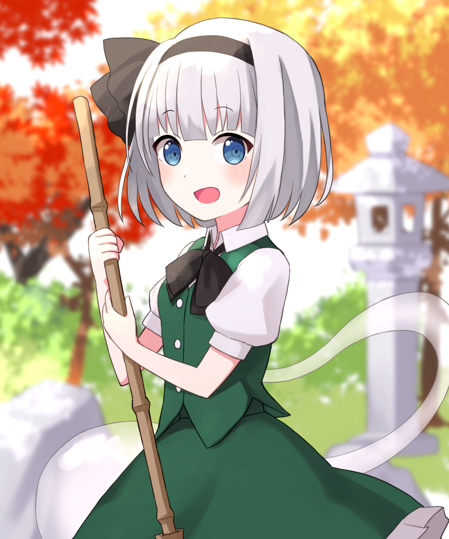1girl autumn_leaves bangs black_bow black_bowtie black_hairband black_ribbon blue_eyes blurry blurry_background blush bow bowtie breasts broom buttons collared_shirt ghost grass green_skirt green_vest grey_hair hair_between_eyes hairband hands_up hitodama holding holding_broom konpaku_youmu konpaku_youmu_(ghost) leaf looking_at_viewer medium_breasts myon_(phrase) open_mouth outdoors puffy_short_sleeves puffy_sleeves ribbon rock shirt short_hair short_sleeves skirt skirt_set sky smile solo standing statue suzuno_naru touhou tree vest white_shirt white_sky