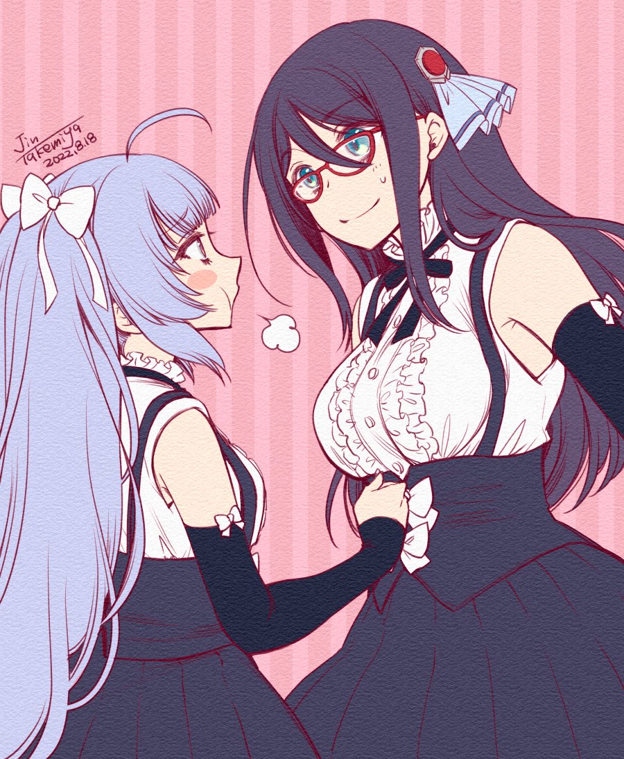 2girls :t =3 ahoge aqua_eyes armpit_crease artist_name assault_lily bangs bare_shoulders bikini black_hair black_ribbon black_skirt black_sleeves blue_hair blue_ribbon blush_stickers bow breasts buttons center_frills closed_mouth commentary dated detached_sleeves eye_contact frilled_shirt frilled_shirt_collar frills from_side hair_between_eyes hair_bow hair_ornament hair_ribbon hand_on_another's_stomach long_hair looking_at_another mashima_moyu medium_breasts miriam_hildegard_von_gropius multiple_girls neck_ribbon pink_background pink_eyes pleated_skirt pout profile ribbon school_uniform shirt sidelocks skirt sleeve_bow sleeveless sleeveless_shirt sleeves_past_wrists small_breasts smile standing striped striped_bikini suspender_skirt suspenders sweatdrop swimsuit takemiya_jin twintails underbust very_long_hair white_bow yurigaoka_girls_academy_school_uniform