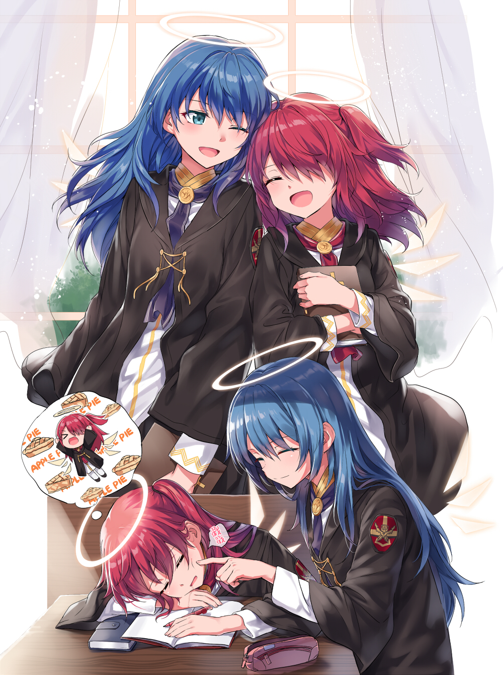 2girls ;d alternate_costume apple_pie arknights black_jacket blue_eyes blue_hair book cheek_poking closed_eyes dreaming exusiai_(arknights) hair_over_one_eye halo highres holding jacket kataokasan long_sleeves looking_at_another mostima_(arknights) multiple_girls one_eye_closed one_side_up open_book open_mouth poking redhead revision saliva school_uniform second-party_source shirt sleeping smile thought_bubble white_shirt window