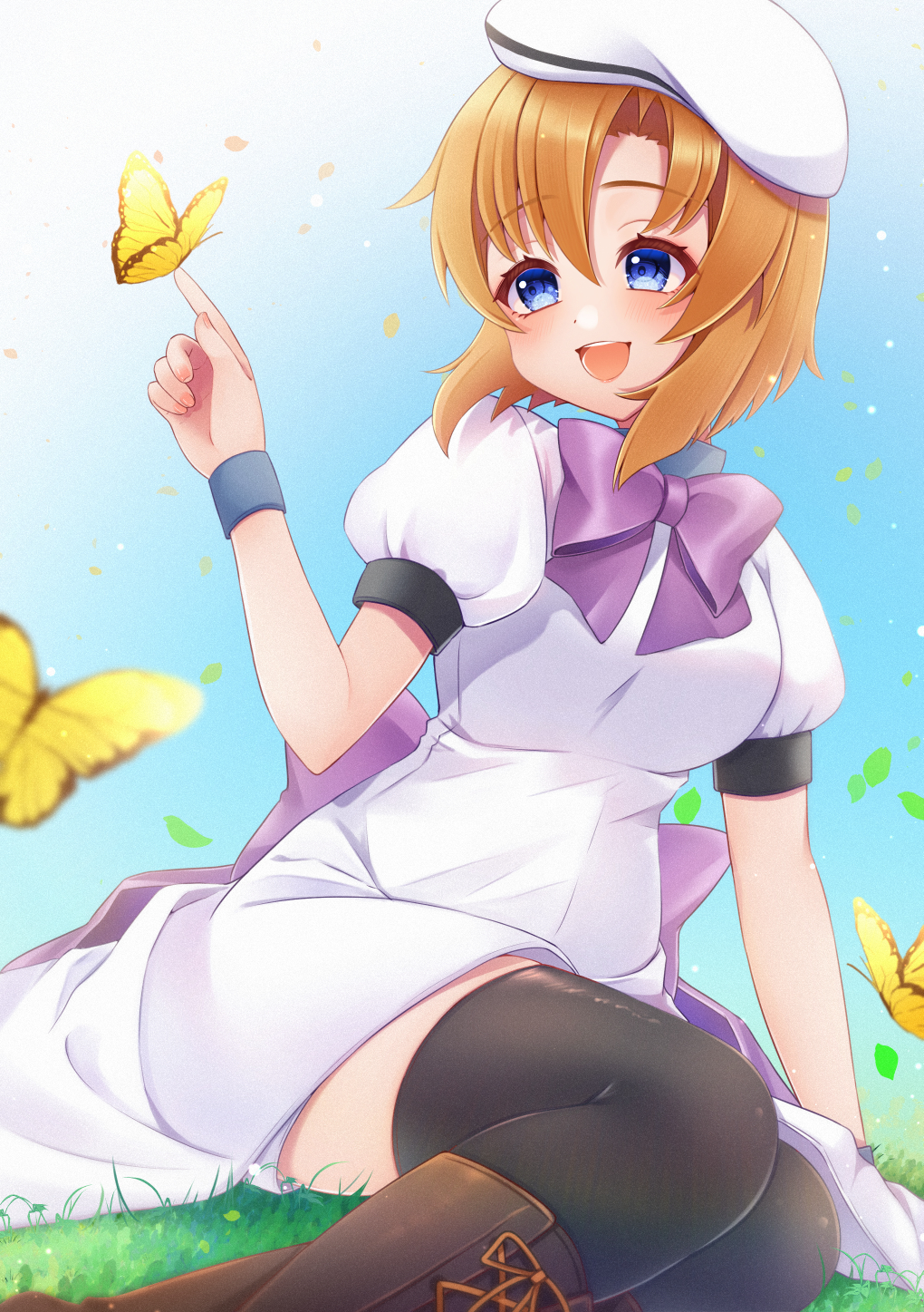 1girl :d bangs black_thighhighs blue_eyes boots bow bowtie brown_footwear brown_hair bug butterfly butterfly_on_hand day dress grass hair_between_eyes hair_intakes hat highres higurashi_no_naku_koro_ni knee_boots medium_hair nekko_(nxtuko) open_mouth outdoors purple_bow purple_bowtie ryuuguu_rena shiny shiny_clothes shiny_hair shiny_legwear short_sleeves sitting smile solo thigh-highs white_dress white_headwear wristband zettai_ryouiki