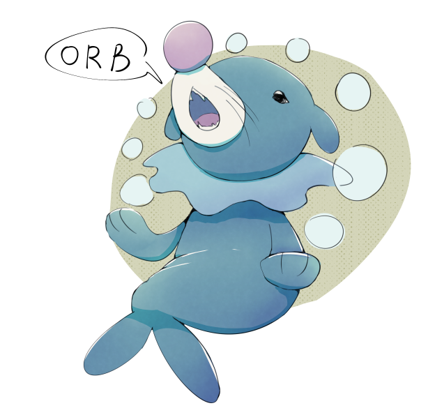 animal_focus black_eyes boke-chan commentary_request english_text fangs full_body hands_up no_humans open_mouth orb pokemon pokemon_(creature) popplio simple_background sitting sketch solo speech_bubble talking teeth white_background