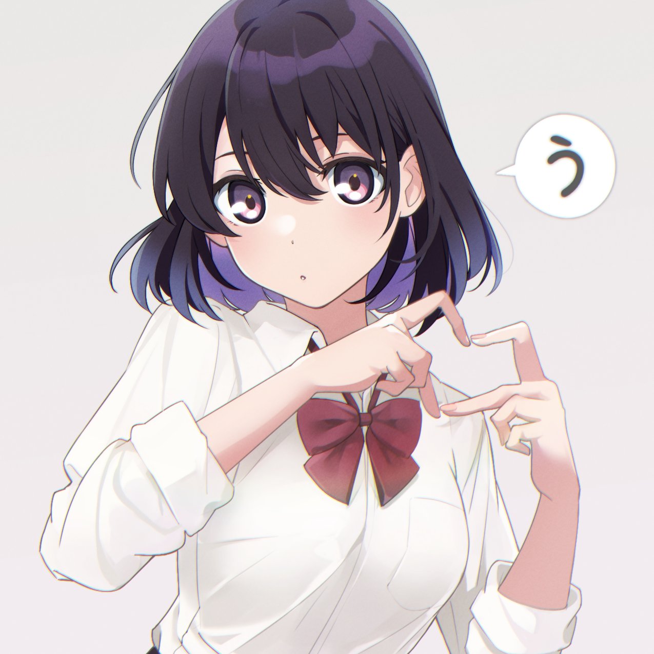 1girl :o bow bowtie breast_pocket breasts collared_shirt colored_inner_hair dress_shirt grey_background hair_between_eyes heart heart_hands highres kazenoko long_sleeves looking_at_viewer medium_breasts medium_hair multicolored_hair original pocket purple_hair red_bow red_bowtie shirt simple_background sleeves_rolled_up speech_bubble upper_body violet_eyes white_shirt wing_collar