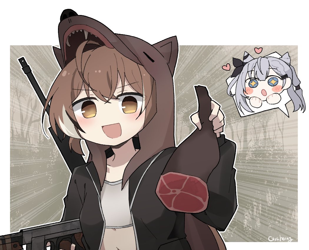 +_+ 2girls :d ahoge bangs black_jacket blue_eyes braid braided_bangs brown_eyes brown_hair cone_hair_bun crop_top double_bun food forest grey_hair gun gyaheung hair_bun hair_ribbon heart hololive hololive_english hololive_indonesia jacket long_hair meat multicolored_hair multiple_girls nanashi_mumei nature ponytail ribbon rust_(game) smile streaked_hair tank_top very_long_hair vestia_zeta virtual_youtuber weapon wolf_hood