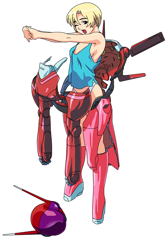 1990s_(style) 1girl blonde_hair bubblegum_crisis_2040 full_body hardsuit headwear_removed helmet helmet_removed interlocked_fingers mecha nene_romanova non-web_source official_art open_mouth outstretched_arms panties photoshop_(medium) power_armor retro_artstyle robot short_hair simple_background solo standing tank_top underwear white_background wince