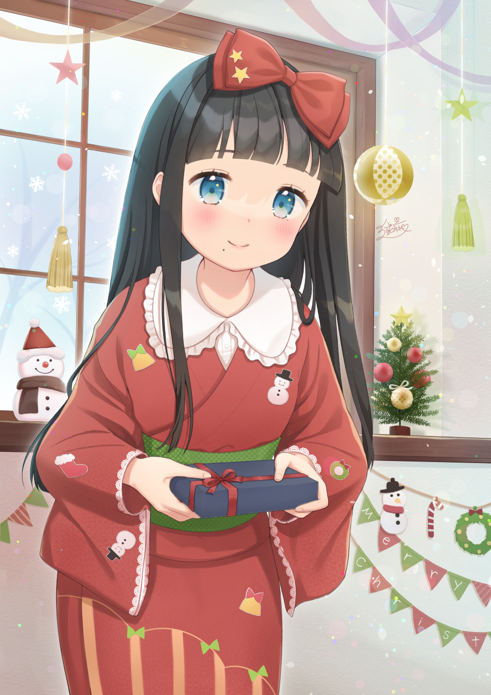 1girl bangs banner bare_tree black_hair blue_eyes blunt_bangs blush bow box christmas christmas_ornaments christmas_tree collared_shirt frilled_shirt_collar frills gift gift_box hair_bow highres holding holding_box holding_gift indoors japanese_clothes kamimura_asari kimono long_hair merry_christmas mole mole_under_mouth obi original sash shirt smile snowflakes snowing snowman solo string_of_flags tree very_long_hair window