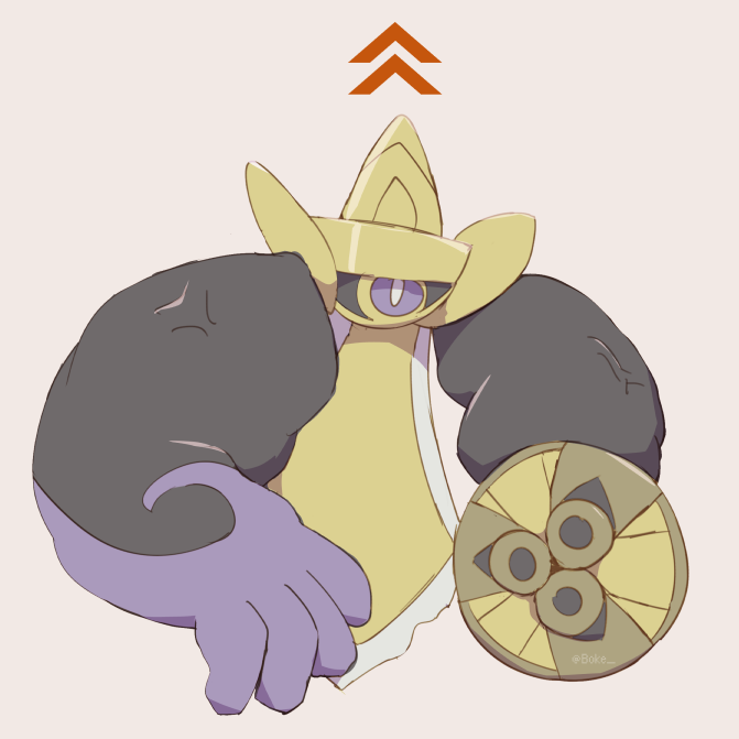 aegislash arrow_(symbol) artist_name biceps black_sclera boke-chan bright_pupils brown_background colored_sclera commentary_request english_commentary full_body fushigi_no_dungeon holding holding_shield mixed-language_commentary muscular no_humans one-eyed partial_commentary pokemon pokemon_(creature) pokemon_(game) pokemon_mystery_dungeon shield simple_background sketch solo sword twitter_username veins violet_eyes watermark weapon white_pupils