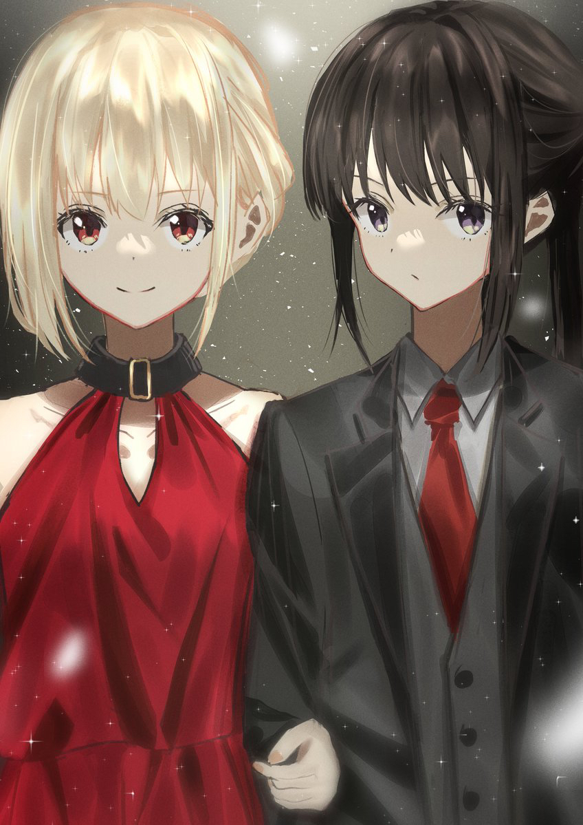 2girls arm_grab bare_shoulders black_collar black_hair black_jacket black_suit blonde_hair closed_mouth collar dress formal inoue_takina jacket lycoris_recoil multiple_girls necktie nishikigi_chisato obake_(amimonoobake) official_alternate_costume ponytail red_dress red_necktie short_hair sleeveless sleeveless_dress smile suit