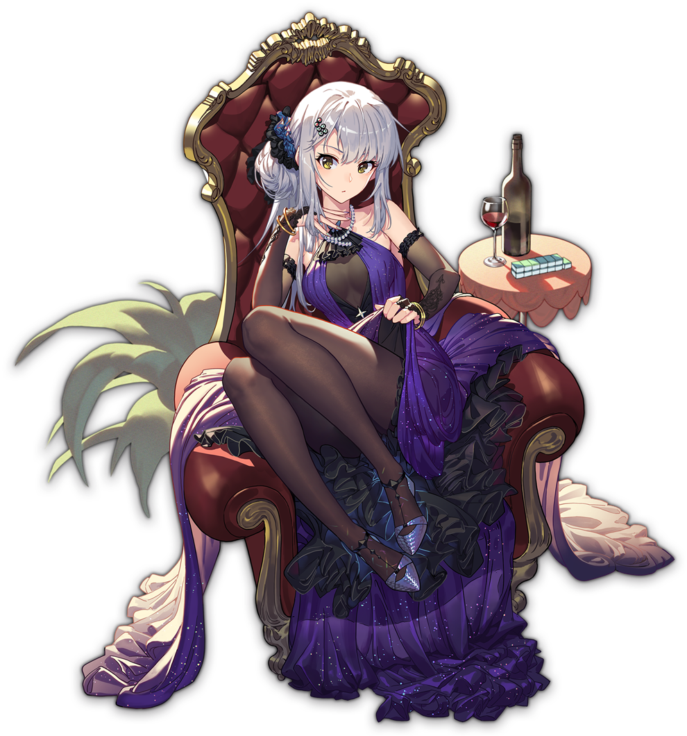 1girl alcohol black_dress bottle closed_mouth cup dress drinking_glass frown full_body green_eyes grey_hair long_hair looking_at_viewer mahjong_soul multicolored_clothes multicolored_dress official_art purple_dress sitting solo tachi-e throne wine wine_bottle wine_glass yagi_yui yostar