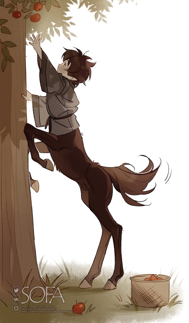 1boy apple apple_tree artist_name basket brown_fur brown_hair centaur cutesofa2 food fruit full_body grass hooves horse_tail long_sleeves male_focus monster_boy no_mouth original outdoors picking_fruit pointy_ears reaching short_hair solo standing tail taur tree watermark white_background wide_sleeves