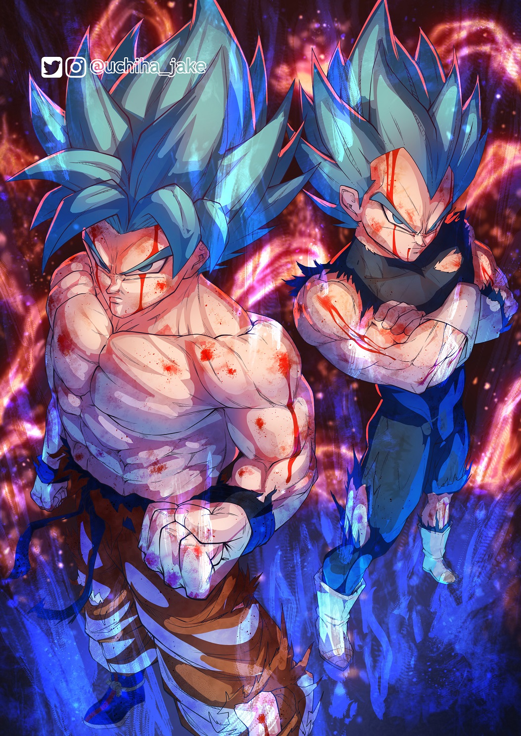 2boys abs artist_name aura baggy_pants belt biceps blood blood_on_face blue_eyes boots clenched_hands crossed_arms cuffs dirty dirty_face dragon_ball dragon_ball_super highres long_hair looking_at_viewer looking_up male_focus mature_male multiple_boys muscular muscular_male pants pectorals shackles shirt sleeveless son_goku spiky_hair thick_arms thick_eyebrows tight torn_clothes twitter_username uchiha_jake vegeta