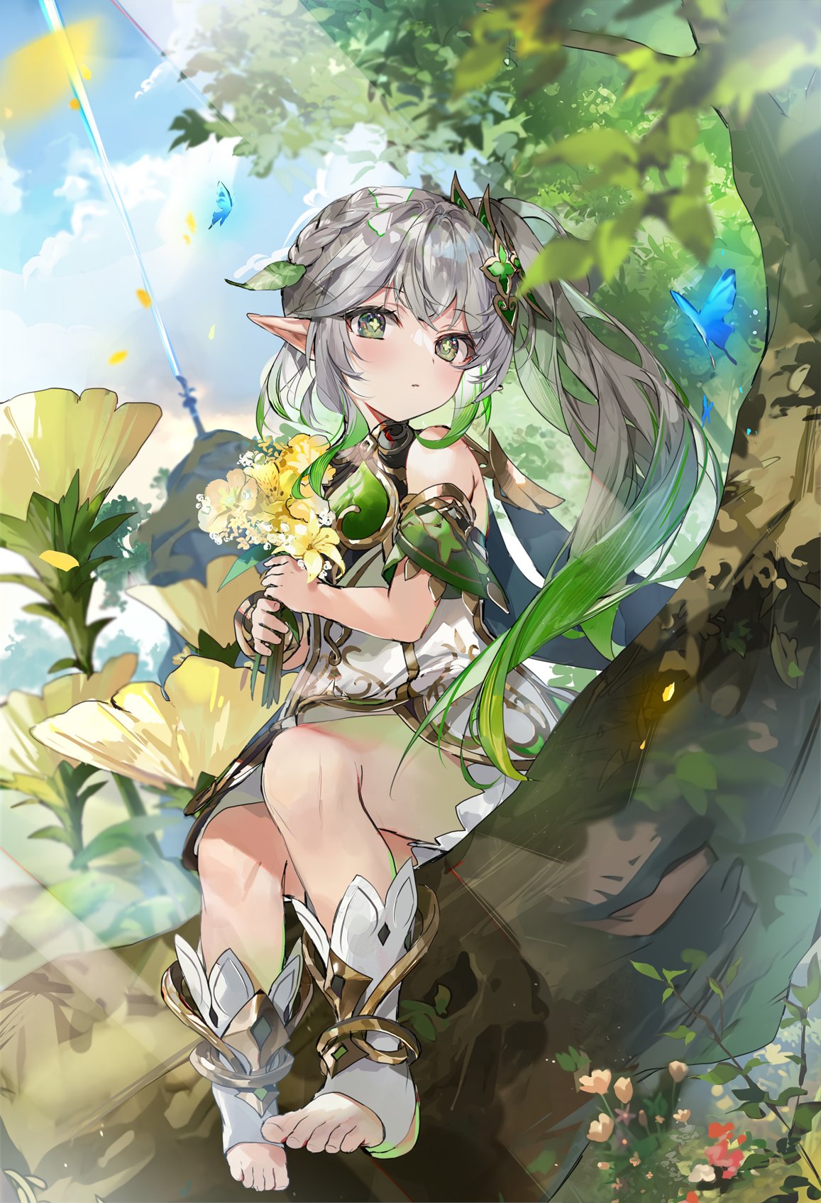 1girl bangs bracelet bug butterfly cape cross-shaped_pupils detached_sleeves dress female_child flower genshin_impact gradient_hair green_cape green_eyes green_hair green_sleeves hair_ornament highres hinahino in_tree jewelry leaf_hair_ornament long_hair multicolored_hair nahida_(genshin_impact) outdoors pointy_ears side_ponytail sitting sitting_in_tree solo toeless_footwear tree white_dress white_flower white_footwear white_hair